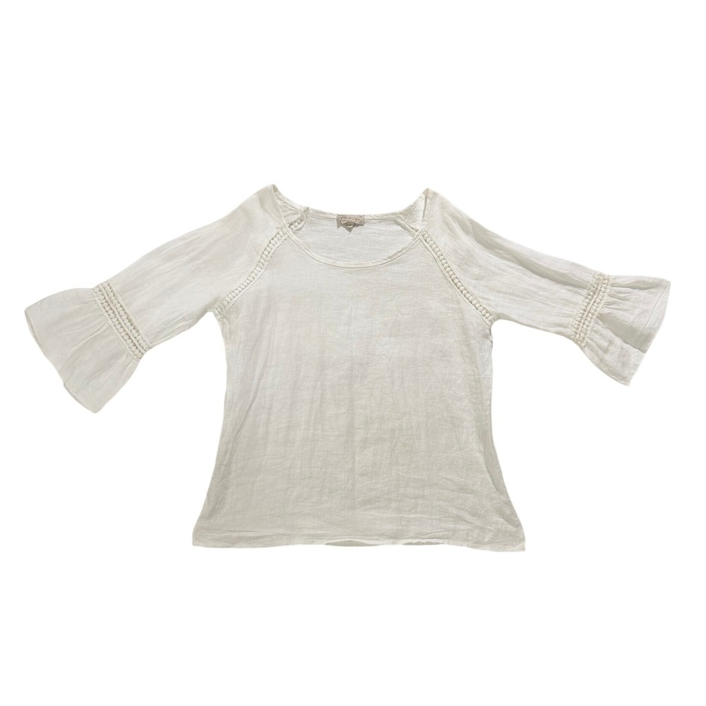 Bella Vita Italy White Linen Peasant Blouse Crochet Trim Bell Sleeve Small